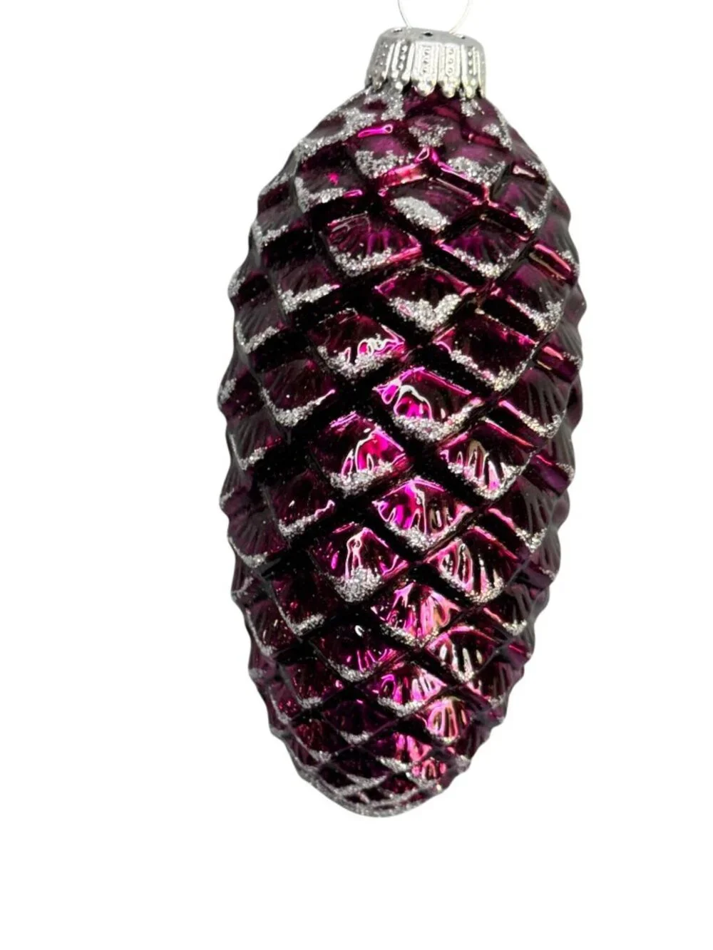 Vintage German Amethyst Pinecone Glass Christmas Ornament Silver Glitter 4" - Picture 3 of 6